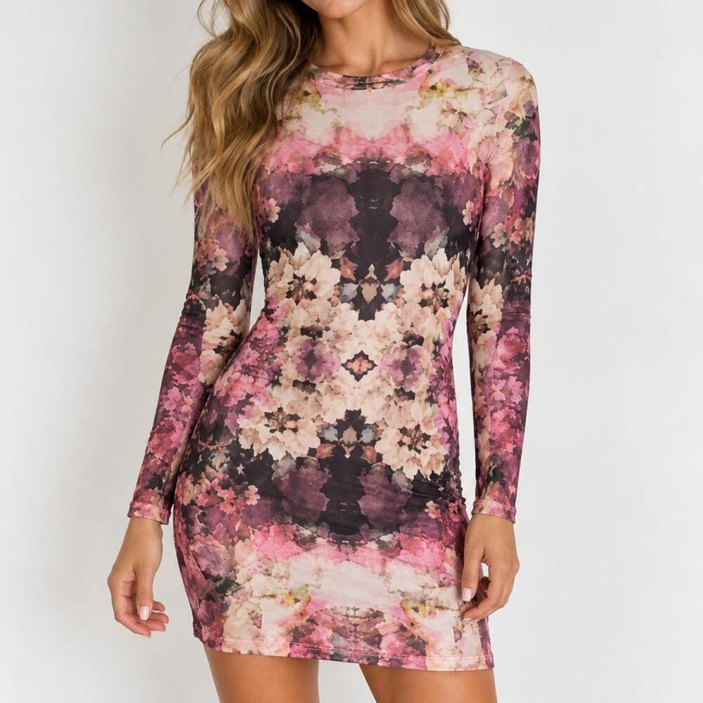 Topshop pink floral long sleeve dress